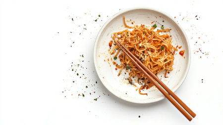 A dirty dish with leftovers from fried noodles, with chopsticks lying beside, isolated on a white background after dining.の素材
