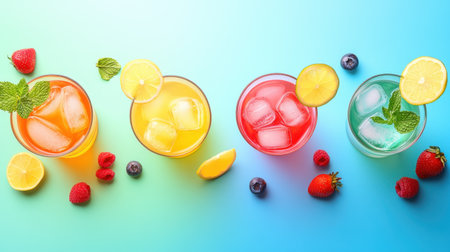 A fun and colorful spread of four drinks blue lagoon with lemon and raspberries, margarita with lime, strawberry daiquiri with strawberries, and iced tea with mint, captured on a bright background.の素材