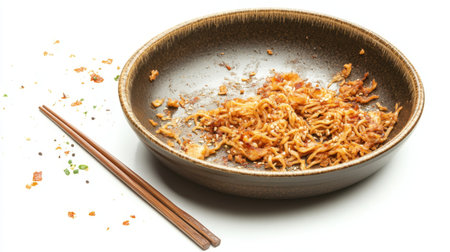 A dirty dish with leftovers from fried noodles, with chopsticks lying beside, isolated on a white background after dining.の素材