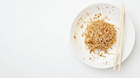 A dirty plate with traces of fried noodles and chopsticks left behind, isolated on a white background, capturing the aftermath of a meal.の素材