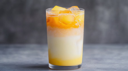 A glass of Thai iced tea with layers of milk, sugar, Ceylon tea, and ice, perfectly blended for a delicious, creamy look.の素材