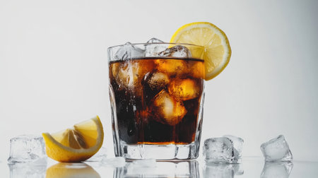 A glass of iced tea with ice cubes and a lemon garnish, isolated on white for a refreshing, minimalist image.の素材