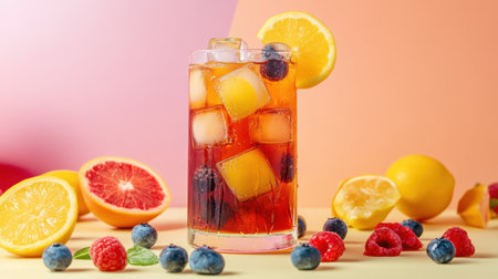 A glass of fruit iced tea with ice cubes, citrus, and berry garnishes, set against a playful and vivid color backdrop.の素材