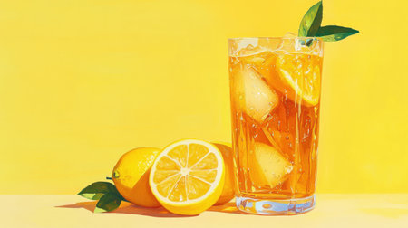 A glass of cold iced tea with lemon garnishes and condensation on the glass, placed on a sunny yellow background with fresh lemons.の素材