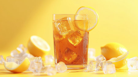 A glass of iced tea with a lemon garnish, surrounded by ice cubes, fresh lemon wedges, and a bright yellow backdrop for a vibrant scene.の素材