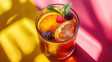 A glass of fruit iced tea with orange, lemon, and berry garnishes, captured on a bright, colorful background for a lively, refreshing feel.の素材