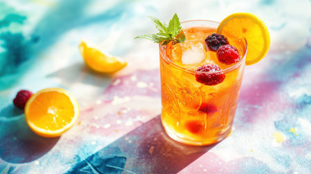 A glass of fruit iced tea with orange, lemon, and berry garnishes, captured on a bright, colorful background for a lively, refreshing feel.の素材