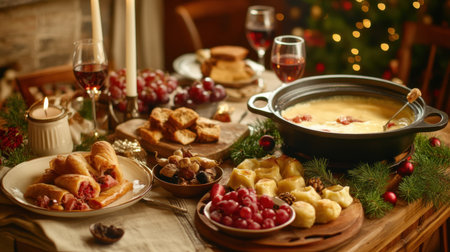 A hearty European spread featuring Czech dumplings, Swiss fondue, and Turkish baklava, styled for a festive celebration.の素材
