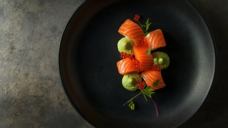 A gourmet presentation of salmon sashimi on a black ceramic plate, accented with bright green wasabi and red pickled ginger.の素材
