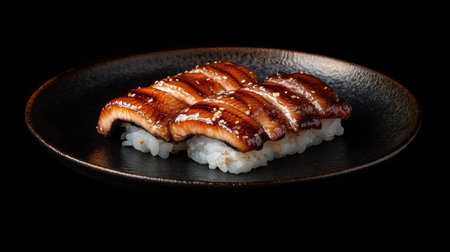 A plate of Anago sushi with glossy grilled eel on top of rice, placed beautifully against a dark black background for a bold look.の素材