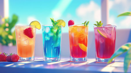 A lively composition of four colorful drinks blue lagoon with raspberries and lemon, margarita with lime, strawberry daiquiri with strawberries, and iced tea with mint, served on a sunny terrace.の素材