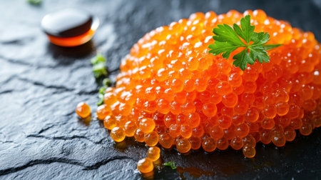 A pile of bright orange salmon roe on a dark slate background, with soy sauce and a small sprig of parsley for garnish.の素材