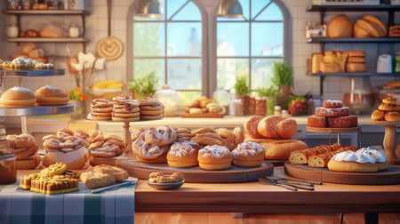 A home bakery factory with a selection of freshly made cookies, cakes, and bread on display, ready to be packaged for sale.の素材