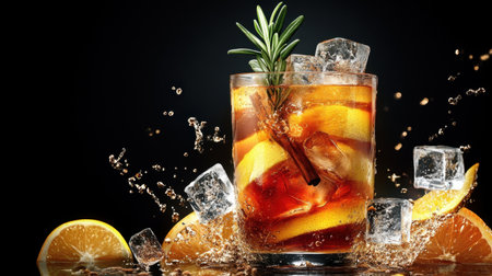 A glass of iced Americano with vibrant citrus juice layers, highlighted with ice cubes, a sprig of rosemary, and a touch of cinnamon.の素材