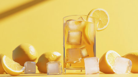 A glass of iced tea with lemon slices, ice cubes, and fresh lemons, all beautifully arranged against a sunny yellow background.の素材
