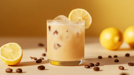 A minimalist setup featuring iced coffee lemonade in a sleek glass, surrounded by subtle accents like lemon peels and coffee beans.の素材