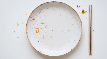 A plate with the remnants of fried noodles, with dirty chopsticks beside it, captured on a white background.の素材
