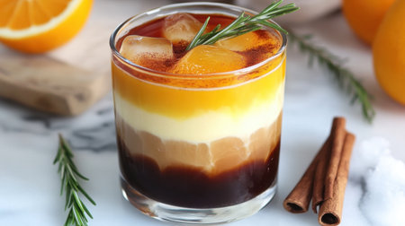 A glass of iced Americano with vibrant layers of coffee, orange, and lemon, styled with ice cubes, rosemary, and a cinnamon stick for garnish.の素材