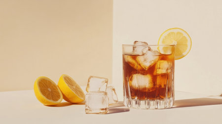 A refreshing Long Island iced tea with ice cubes and a lemon garnish, placed on a light beige background with subtle lighting.の素材