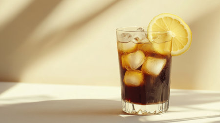 A refreshing glass of Long Island iced tea garnished with a lemon slice and ice cubes, set on a light beige background for a warm and inviting atmosphere.の素材
