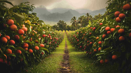 A serene rambutan orchard with rows of fruit-laden trees, creating a vibrant and abundant tropical landscape.の素材