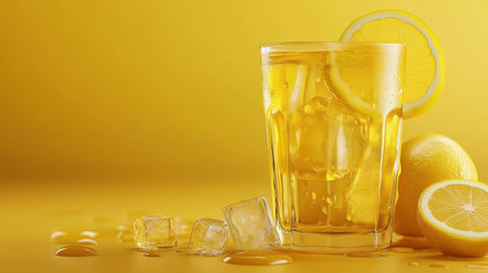 A refreshing glass of iced lemon tea with droplets on the glass, fresh lemon slices, and ice cubes, with clean and minimal space for text.の素材