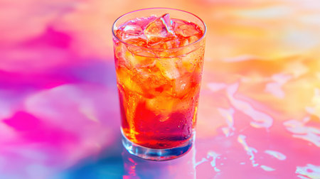 A refreshing glass of fruit iced tea, with vibrant orange and pink hues, set against a colorful background of pastel tones.の素材