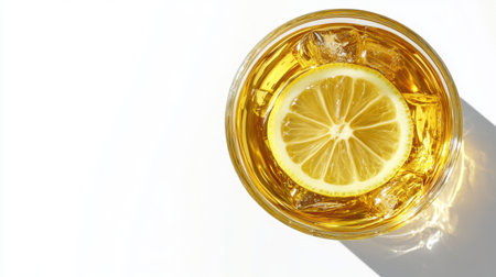 A refreshing top-down shot of a glass of lemon iced tea with a lemon slice and ice, isolated on a white background. Clipping path included.の素材