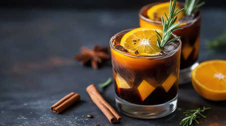 A refreshing iced Americano black coffee with vibrant layers of orange and lemon juice, garnished with rosemary and a cinnamon stick, on a dark background.の素材