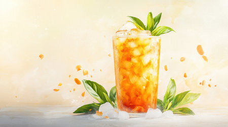 A refreshing Thai iced tea with Ceylon black tea, sugar, and milk poured over ice, creating a creamy texture, isolated on a light background.の素材