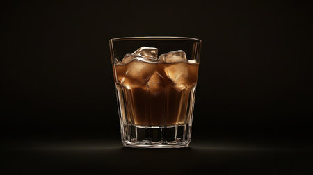 A refreshing glass of iced coffee served in a clear glass with ice cubes, set against a sleek black background, highlighting the deep color of the coffee.の素材