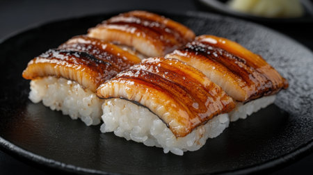 A simple yet striking image of Anago sushi, with grilled eel on rice, displayed on a black plate and isolated on a black background.の素材
