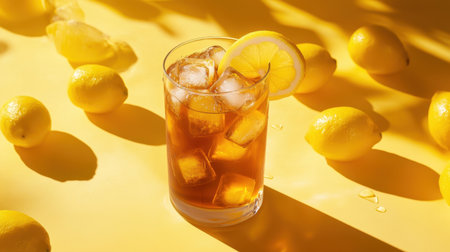 A refreshing glass of cold iced tea with ice cubes and lemon slices, styled on a bright yellow background with lemons scattered around.の素材