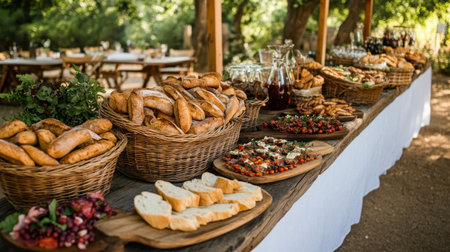 A rustic European banquet table with baskets of French baguettes, platters of Italian antipasto, and Spanish sangria.の素材