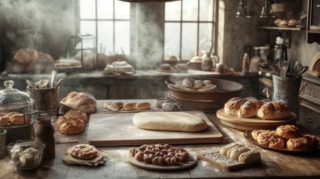 A rustic home bakery with a baker's workspace, fresh dough being rolled out, and a selection of delicious pastries and cakes.の素材