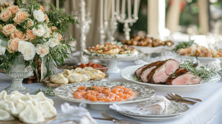 A luxurious European feast table with roasted lamb, Polish pierogi, and Scandinavian smoked salmon, surrounded by elegantの素材