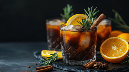 A refreshing iced Americano black coffee with vibrant layers of orange and lemon juice, garnished with rosemary and a cinnamon stick, on a dark background.の素材