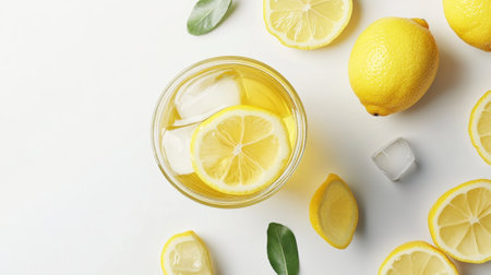 A simple, top-down image of a glass of lemon iced tea with lemon slices and ice, isolated on a white background with clipping path.の素材