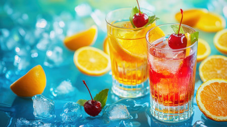 A seductive and colorful cocktail recipe, with a perfect balance of spirits, garnished with a cherry and citrus slices, perfect for National Cocktail Day.の素材