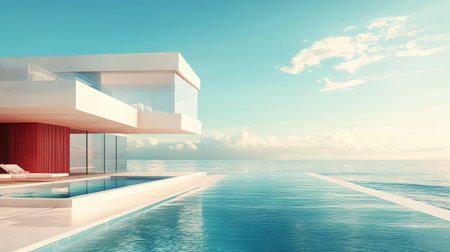 Explore a stunning 3D illustration of a modern beachfront villa, showcasing sleek architecture and inviting pool against a serene ocean background, ideal for inspiring luxury living.の素材