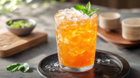 A cold Thai iced tea with evaporated milk poured over Ceylon tea and sugar, served over ice with a smooth, creamy look.の素材