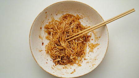 A close-up of a dirty dish with the remnants of fried noodles and chopsticks, isolated on a white background after eating.の素材