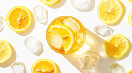 A clean top view of a glass of lemon iced tea with lemon slices and ice cubes, isolated on a white background. Clipping path included.の素材