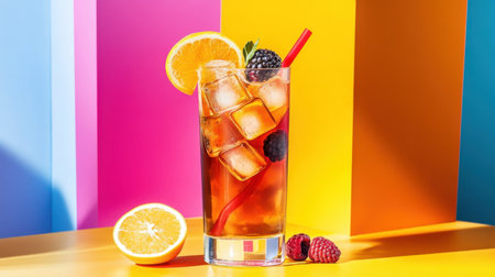 A glass of fruit iced tea with ice cubes, citrus, and berry garnishes, set against a playful and vivid color backdrop.の素材