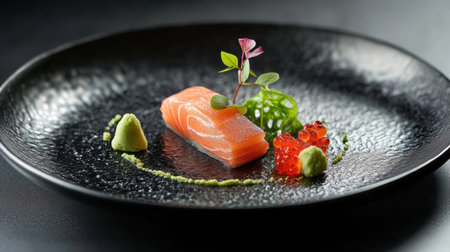 A gourmet presentation of salmon sashimi on a black ceramic plate, accented with bright green wasabi and red pickled ginger.の素材