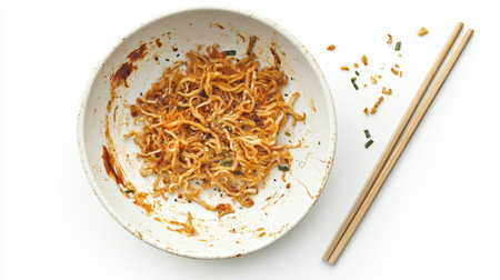A dirty dish with leftover fried noodles, chopsticks resting beside it, isolated on a clean white background, showing remnants of the meal.の素材
