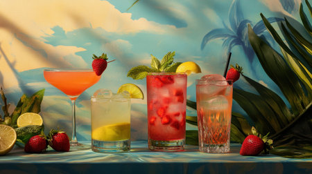 A lively arrangement of four drinks blue lagoon with raspberries and lemon, margarita with lime, strawberry daiquiri with fresh strawberries, and iced tea with mint, all set against a tropical backdrop.の素材