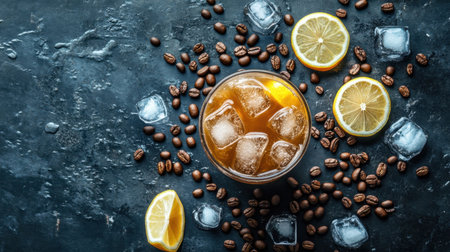 A refreshing glass of iced coffee lemonade surrounded by coffee beans, lemon wedges, and ice cubes on a dark textured background.の素材