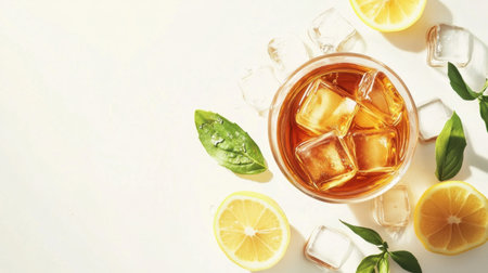 A refreshing iced tea with ice cubes and lemon, isolated on white for a simple and fresh beverage shot.の素材