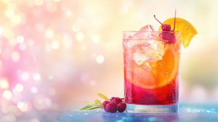 A refreshing glass of fruit iced tea with garnishes of citrus and berries, resting on a playful background of soft, gradient colors.の素材